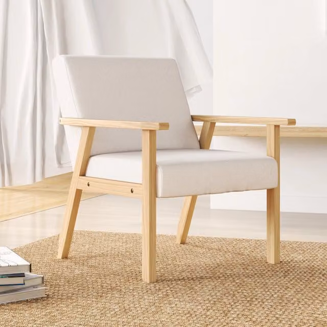 Poltrona Lounge Scandinava REDOM in Legno e Tessuto Beige L/P/H: 64 x 70 x 72 cm