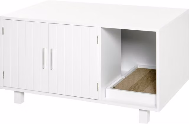 Mobile per lettiera per gatti PawHut in legno con 2 ante, apertura laterale e tiragraffi in sisal sostituibile, Bianco