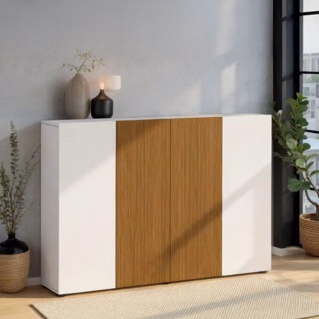Scarpiera Moderna DMORA Palasio con Ante Soft Close, Capacità 40 Paia, L/P/H: 160 x 34 x 115 cm, Bianco Lucido