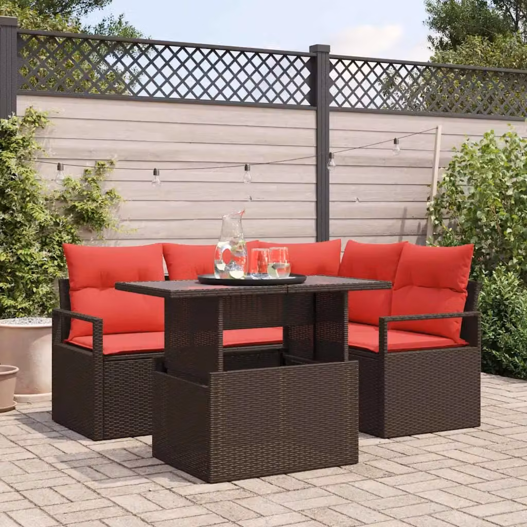 Set Divano da Giardino vidaXL 5 Pezzi a Forma di L con Tavolino, Marrone e Rosso