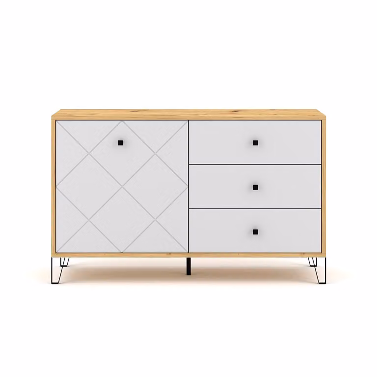 Cassettiera a un'anta con tre cassetti per soggiorno e camera da letto "Bilbao" Rovere bianco opaco artigianale, 123,4 cm x 40 cm x 75,2 cm.
