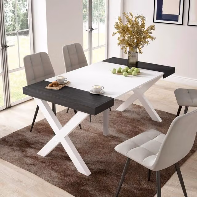 Consolle allungabile, 58 fino 160x90x73cm, Per 8 persone, Gambe in legno, Bianco e nero RF2738