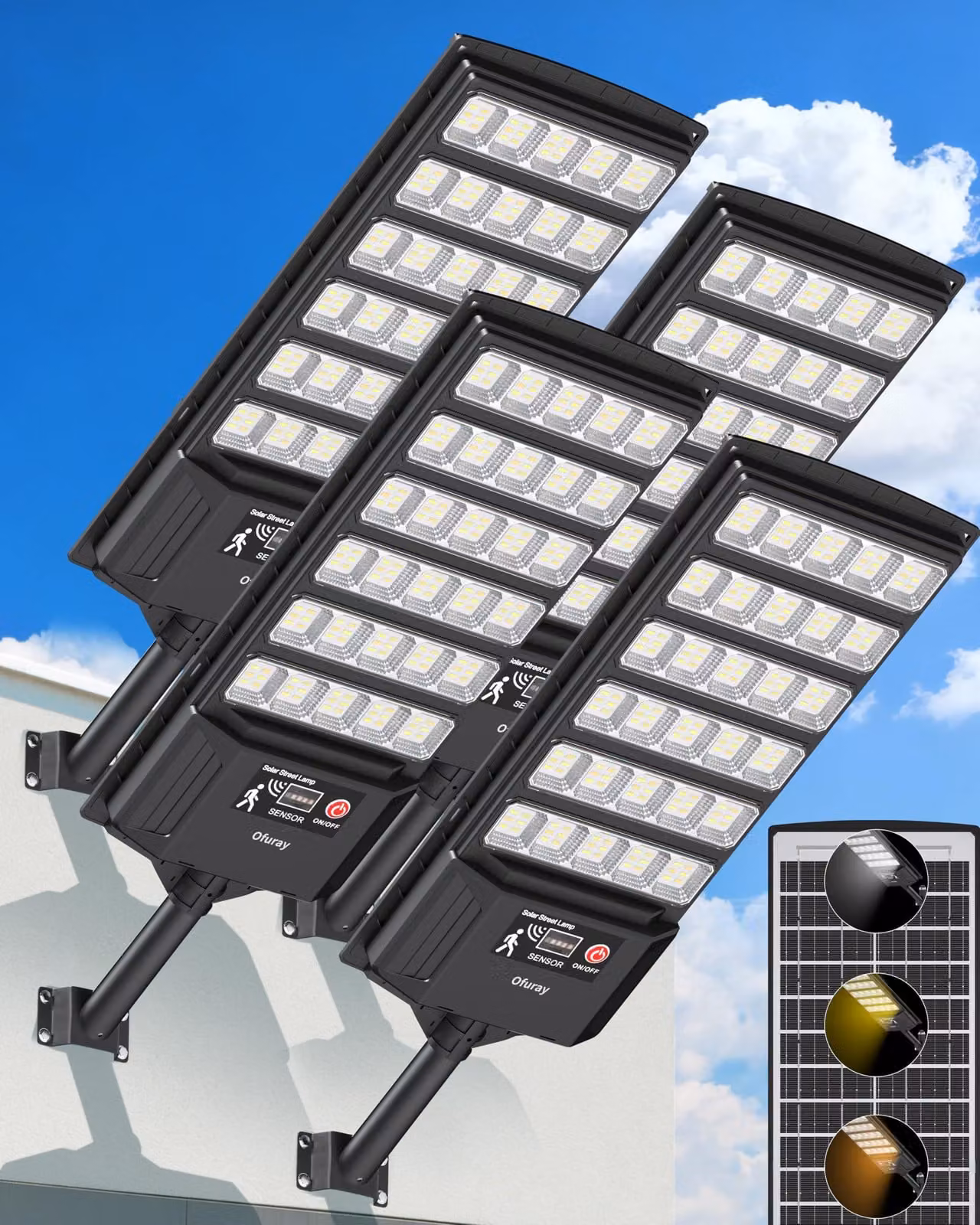 Lampione solare, 180 LED, 3000K/4000K/6500K, con funzione di dimmer, set da 4