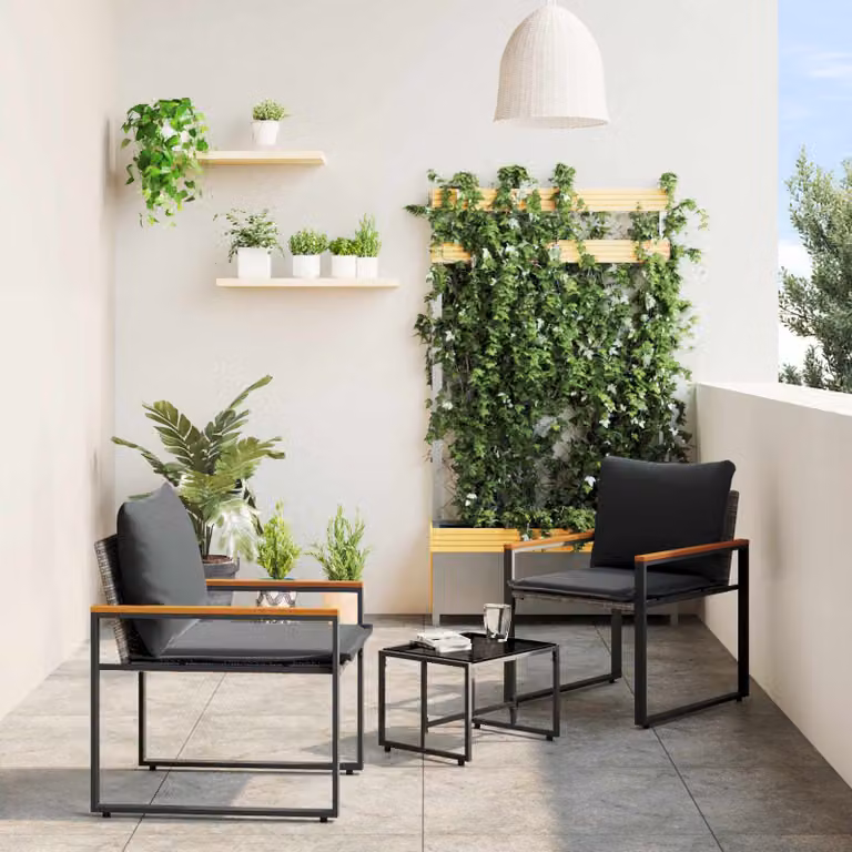 Set di mobili da giardino vidaXL in rattan e legno di acacia con piano in vetro, colore grigio e nero