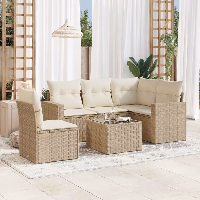vidaXL Set Divano da Giardino 6 pz a L con Cuscini Beige e Tavolino da Esterno in Polyrattan e Metallo