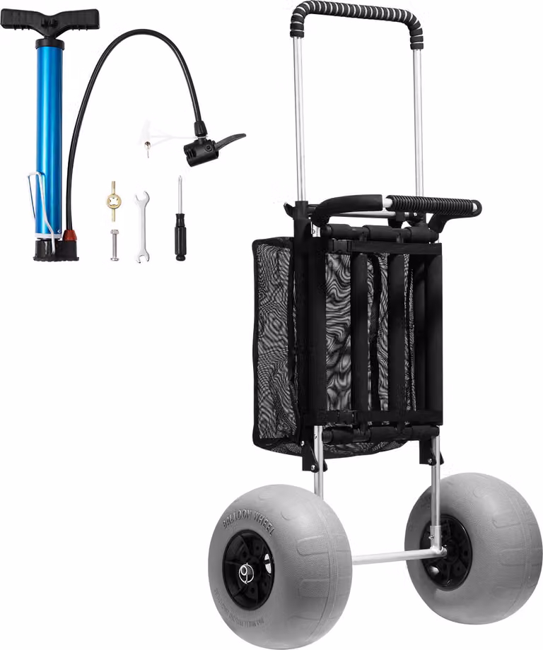 Carrello da spiaggia per sabbia SucceBuy - Area di carico 29,9" x 15,4". Carrello pieghevole con ruote a palloncino da 12", capacità di carico di 165 libbre e altezza regolabile da 27" a 44,7". Resistente per l'uso in spiaggia.