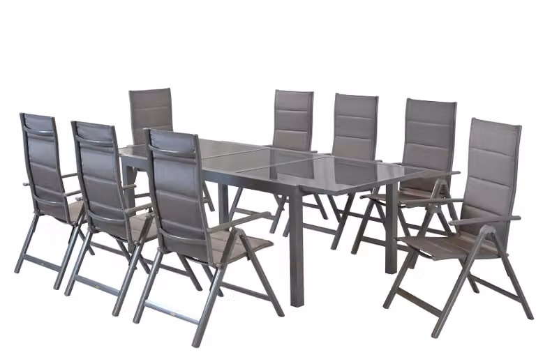 Set di mobili da giardino Merxx Taviano 9 pezzi, 8 sedie pieghevoli, tavolo allungabile 180 (240) x 100 cm - alluminio/tessuto