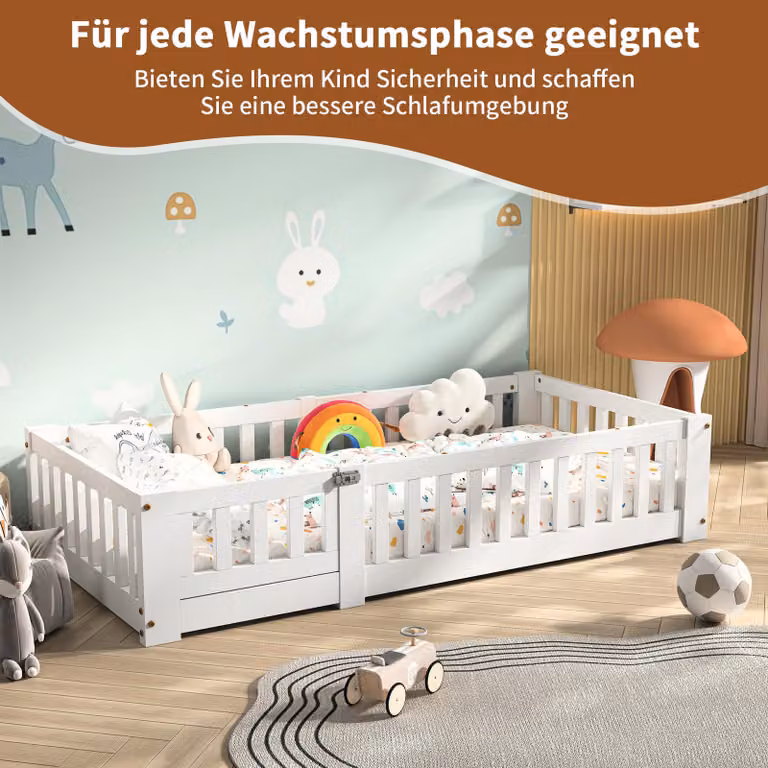 Lettino ProximaX bianco 90x190 cm con sponde perimetrali e barriera di sicurezza: un posto sicuro dove dormire per i bambini piccoli, con telaio in legno robusto e rete a doghe integrata.