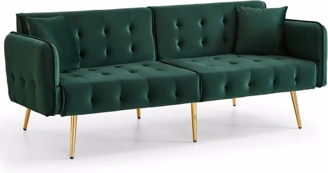 Divano letto due posti multifunzione con schienale regolabile e braccioli a più posizioni in velluto, 215x81,5 cm, metallo dorato