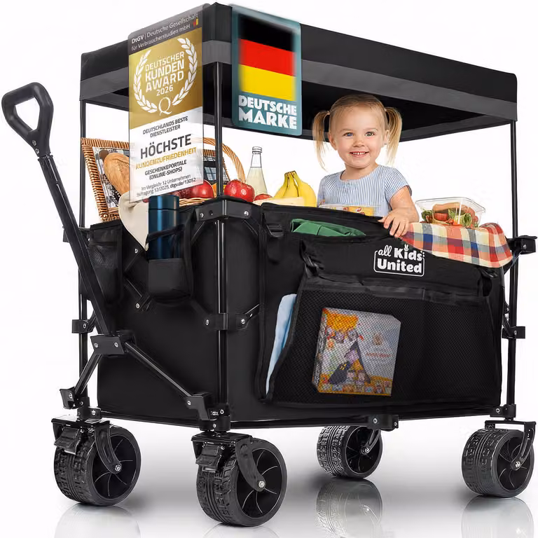 Carrello pieghevole all Kids United, nero, portata 150 kg, carrello con tettuccio parasole, telaio in acciaio, portabevande, 91x91x57 cm