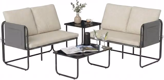 Set giardino esterno 4 pezzi ¨C zephmum ¨C 2 divani 2 posti 2 tavolini vetro cuscini copridivano caqui