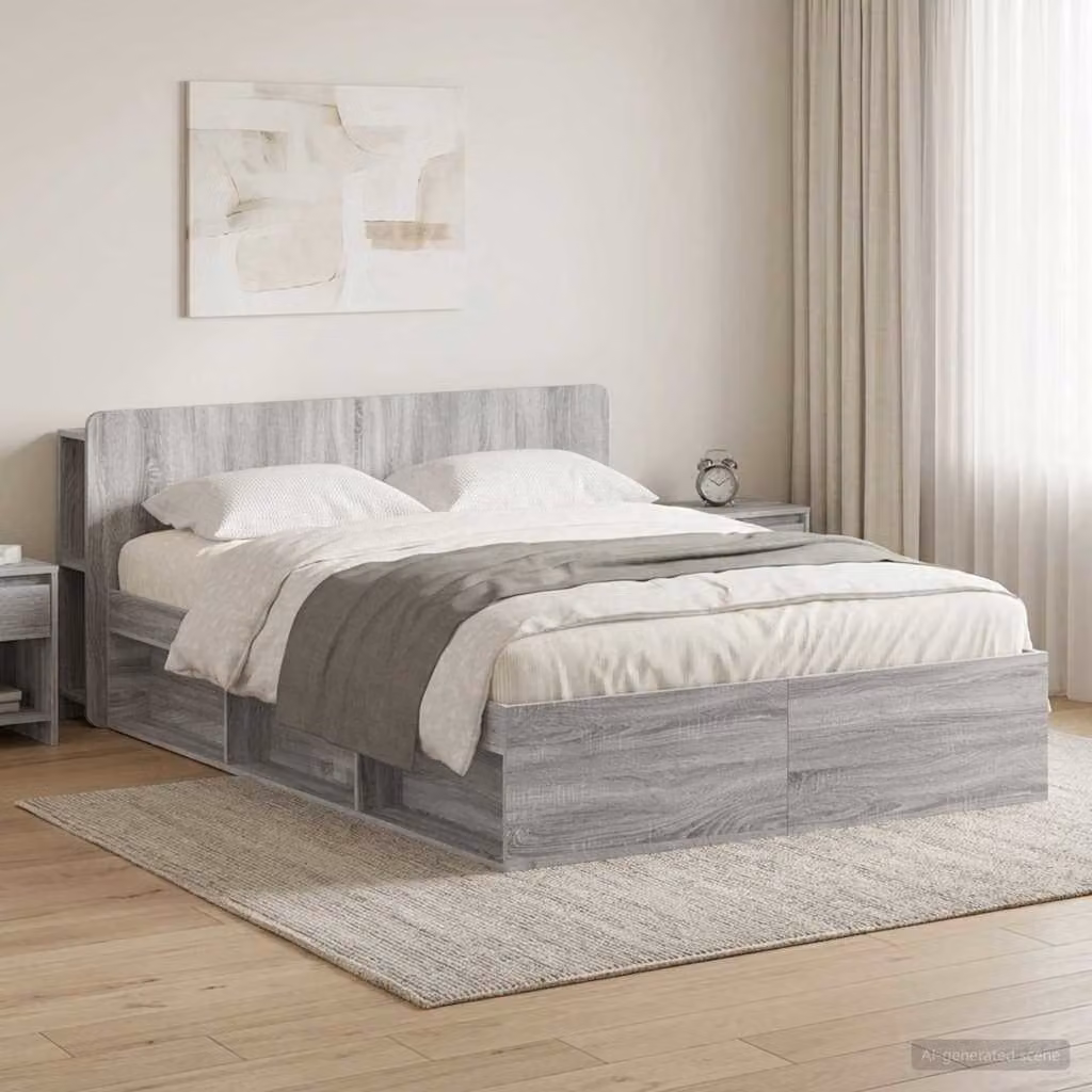 vidaXL Letto con contenitore e cassetti in legno Sonoma grigio L/P/H: 140 x 200 x 80 cm