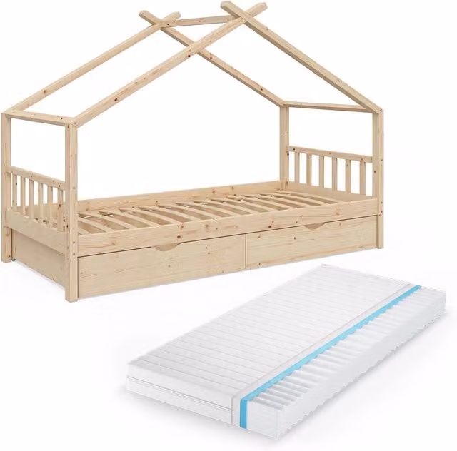 Letto montessori bambini Design Legno 90x200 cm con 2 cassetti e materasso Vitalispa