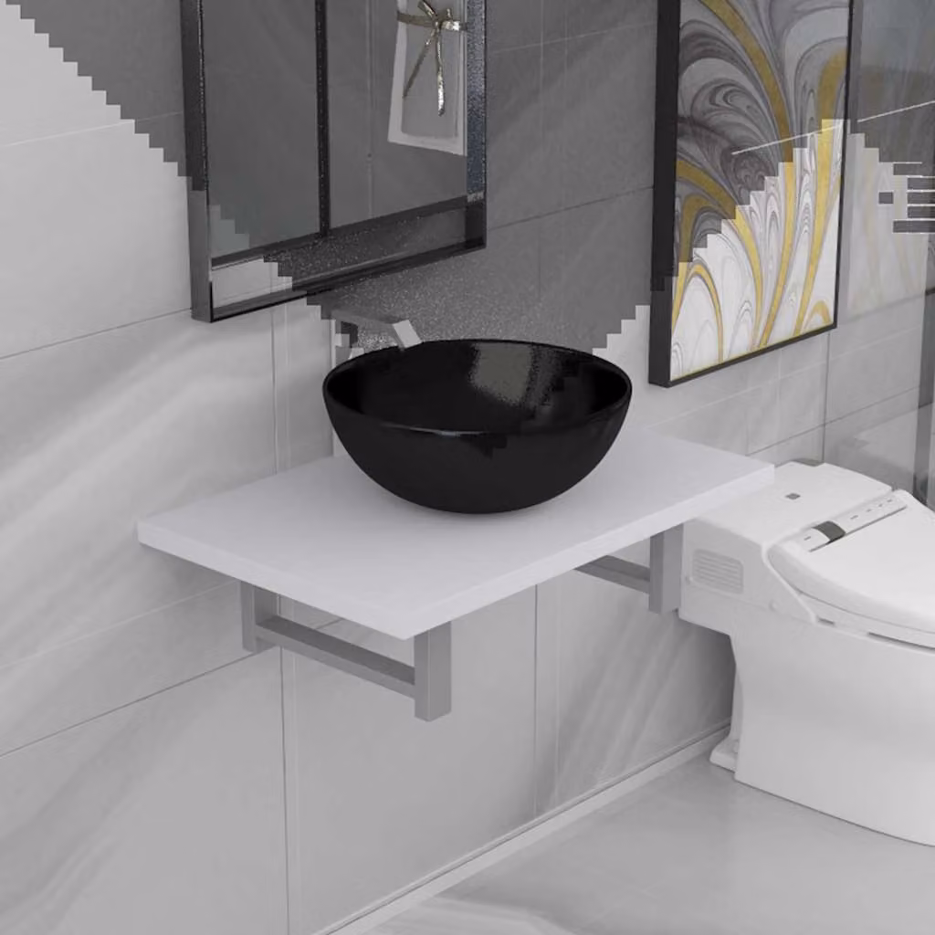 Set di mobili da bagno vidaXL in ceramica bianca con mobile sospeso e base lavabo, design moderno e lucido