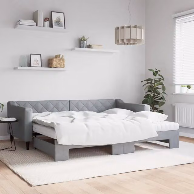 Divano Letto Estraibile vidaXL in Tessuto Grigio con Cassetto Contenitore per Camera da Letto o Soggiorno, L/P/H: 223 x 90 x 67 cm, Materasso 90x200 cm