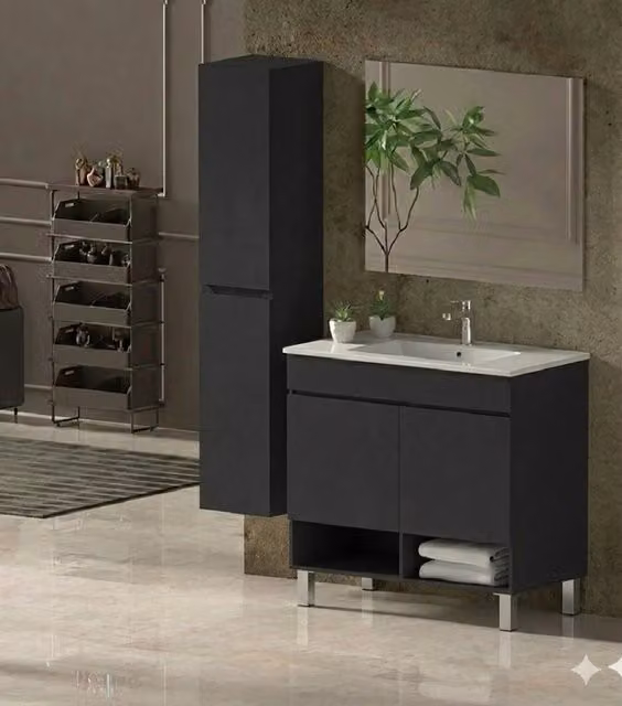 Mobile Bagno NEBARI com gambe Già Montato 2 portas, lavabo e specchio Grafite 80x45 cm con colonna