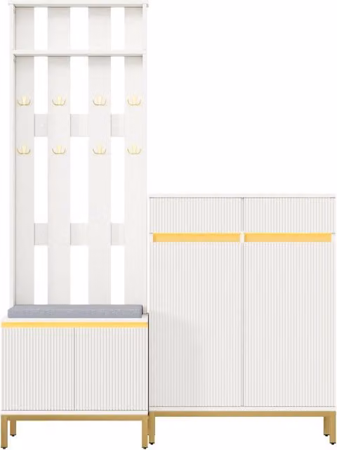 Mobile da ingresso con scarpiera, panca, appendiabiti a ganci, ripiano e luci LED, in MDF e pannelli, bianco