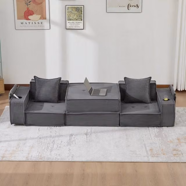 Divano angolare modulare MIVRAY in velluto a righe grigio con cuscini inclusi per il tuo soggiorno
