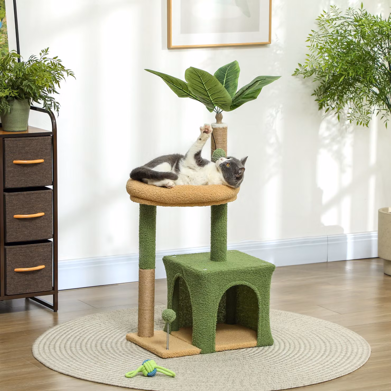 Albero Tiragraffi per Gatti PawHut con Casetta, Lettino e Giocattoli, in Legno e Poliestere, L/P/H: 44 x 30 x 98 cm, Verde e Marrone – 2
