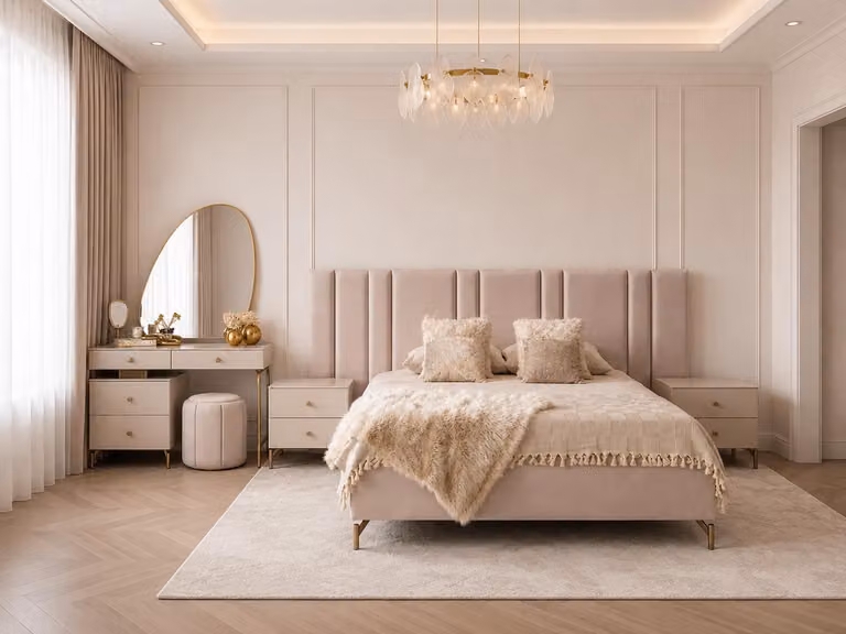 Set per camera da letto: letto, angolo trucco, design moderno, colore beige, finiture raffinate, versatile