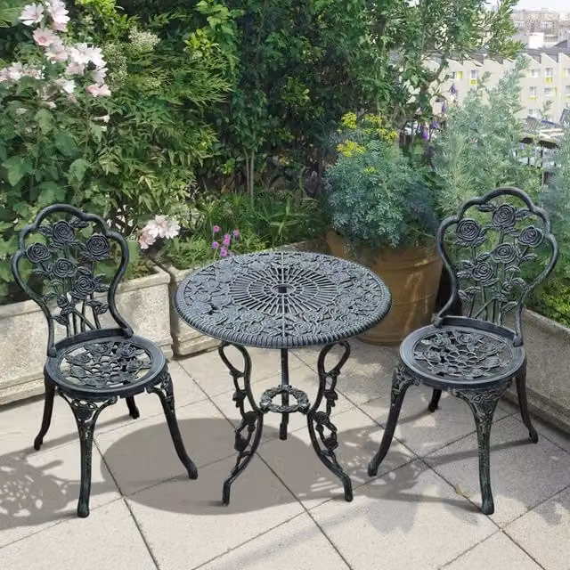 Set da bistrot da giardino con tavolo e due sedie ergonomiche decorazione floreale per balcone in ferro verde antico
