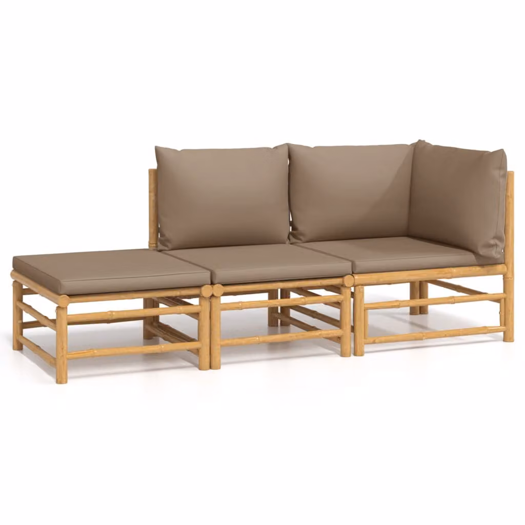 Set Salotto da Giardino 3pz con Cuscini Tortora Bambù