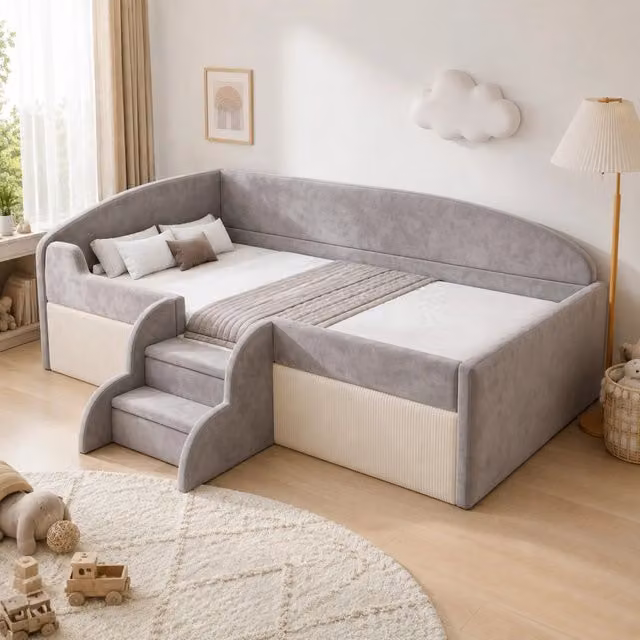 Letto per bambini imbottito 90 × 190 cm in velluto grigio con sponde laterali e scalini antiscivolo