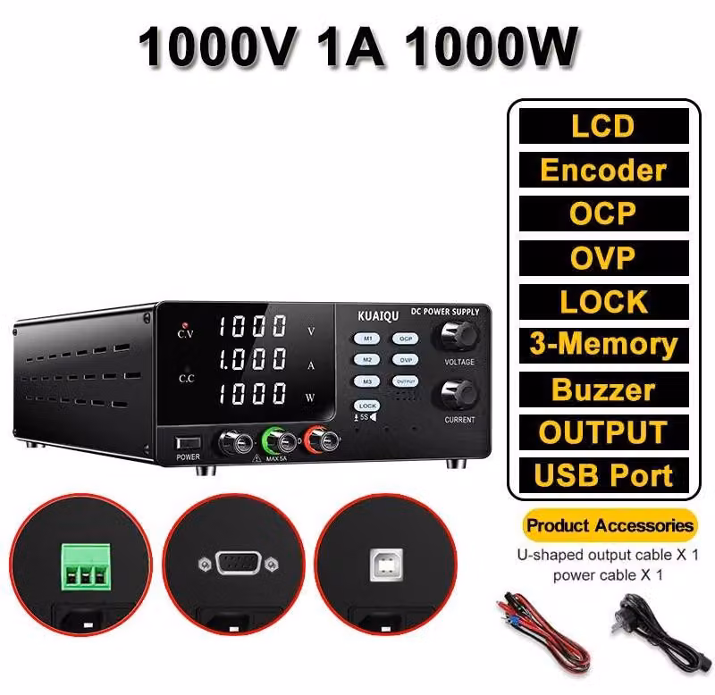 Alimentatore da laboratorio CC - Alimentatore ad alta tensione 1000 V, 1 A, 1000 W - Tensione di uscita regolabile - Protezioni OCP e OVP - Interfacce RS-232, RS-485 e USB - Test di isolamento e di alta tensione