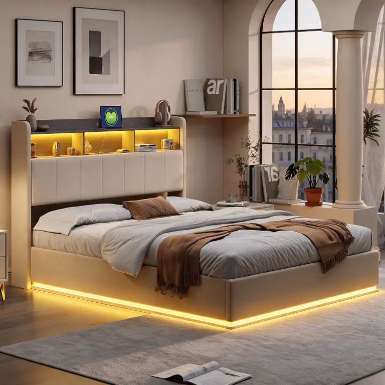 Letto imbottito INONEFT, 140x190 cm, con struttura a molle e spazio contenitore ad apertura idraulica, letto per ragazzi con illuminazione a LED e prese USB, rivestito in velluto, color beige