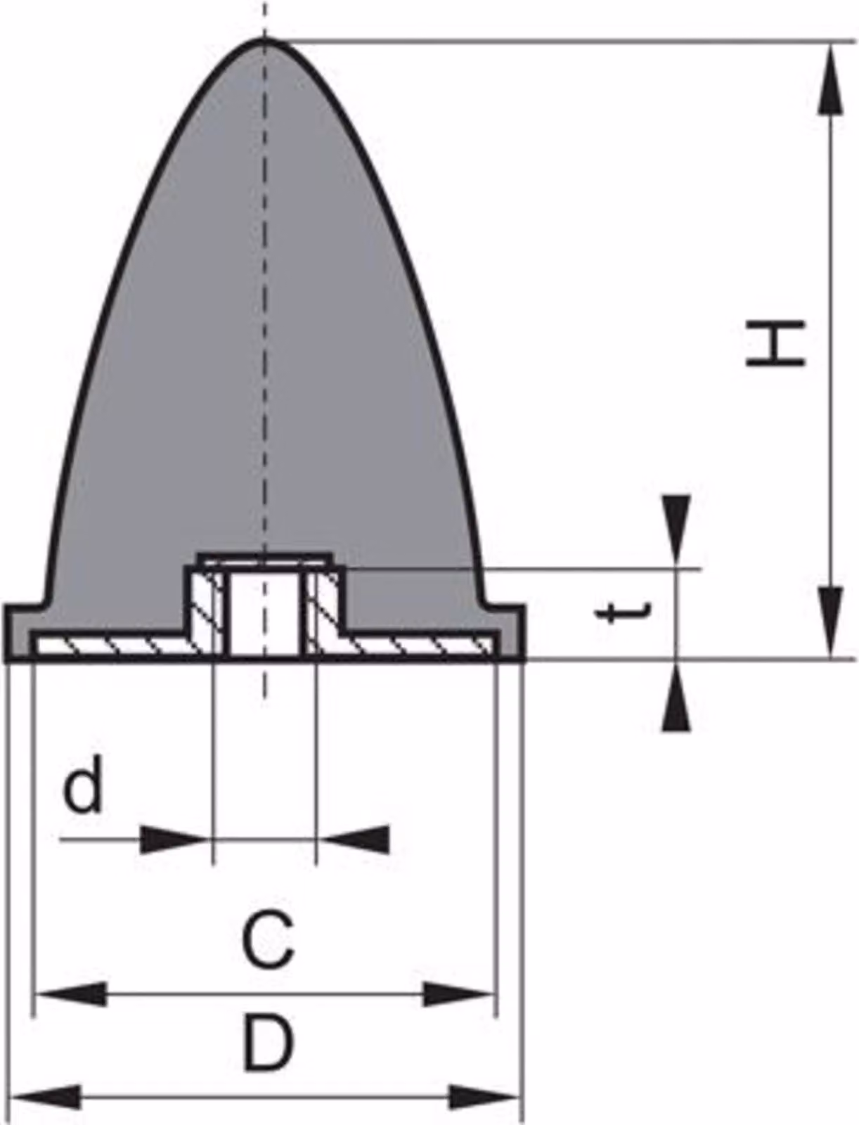 Tampone in gomma-metallo parabolico tipo E D95xH83 M16 NR60