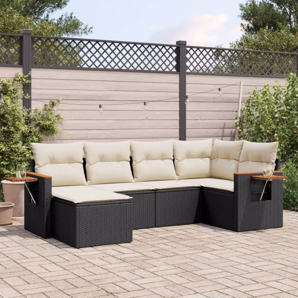 Set Divano da Giardino vidaXL 6 pz in Polyrattan Nero con Cuscini e Tavolino da Esterno a Forma di L – 1