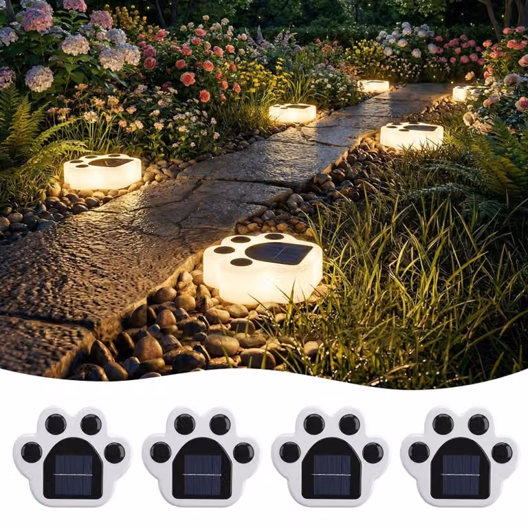 Lampade da esterno solari, confezione da 4, LED, luce bianco caldo, grado di protezione IP65, design a forma di impronta di zampa