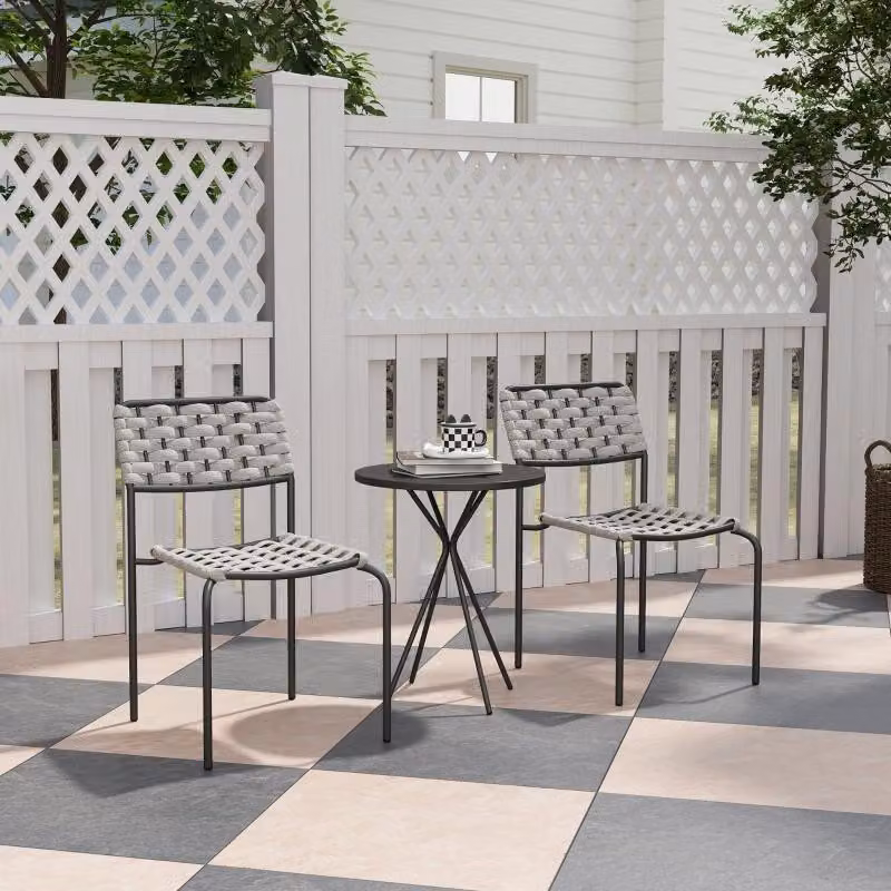 okwish set di mobili da giardino 3 pezzi mobili da balcone con tavolo rotondo e 2 sedie impilabili, salotto da giardino in rattan con struttura in acciaio, grigio