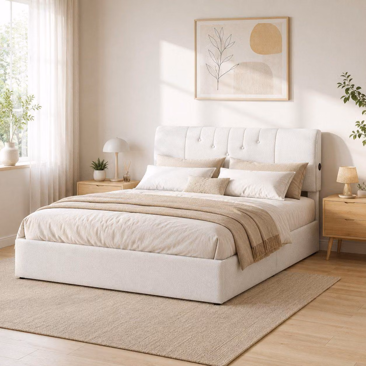 Letto imbottito INONEFT 140x200 cm con caricabatterie USB, letto a molle con contenitore, letto matrimoniale con spazio contenitore, struttura del letto con rete a doghe, color beige, rivestito in pile effetto teddy
