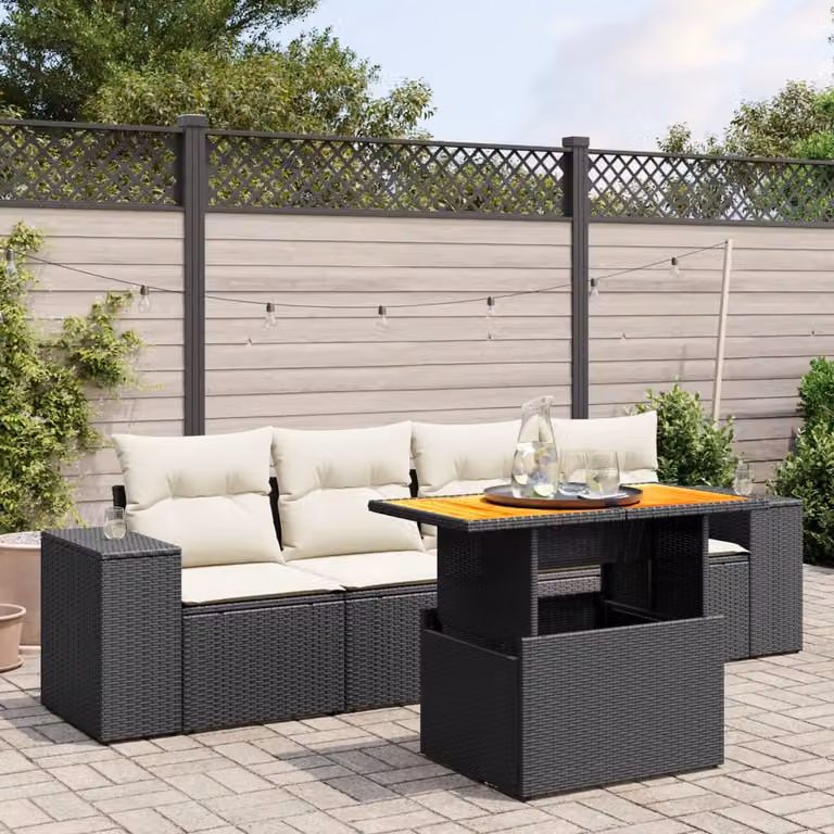 vidaXL Set Divani da Giardino 5 Pezzi con Cuscini e Tavolino in Polyrattan e Legno di Acacia Nero e Bianco