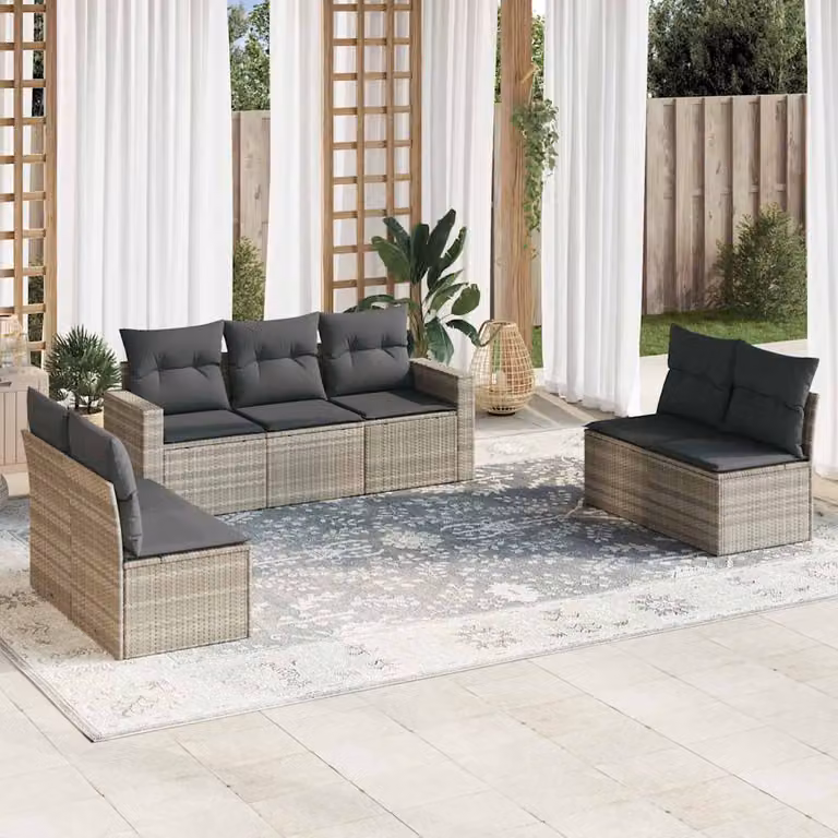 Set di divani da giardino vidaXL 7 pezzi in rattan con cuscini grigi e struttura in metallo