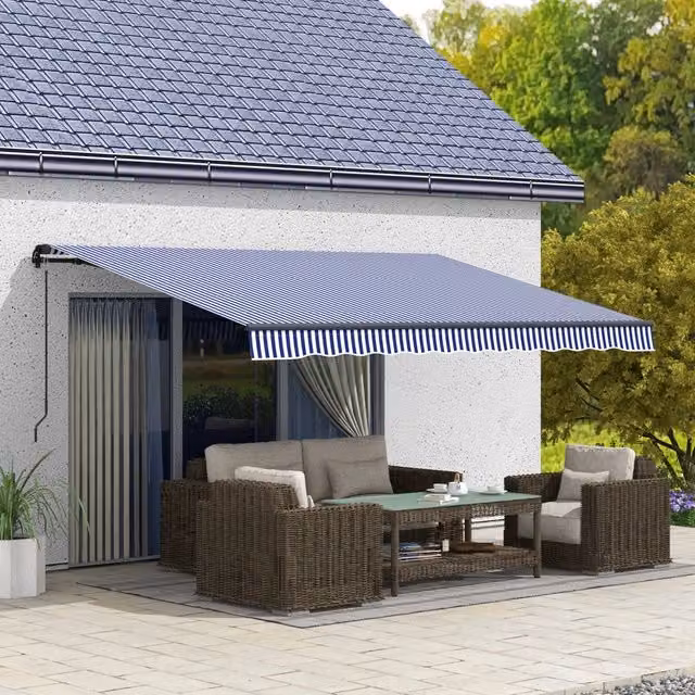Tenda da sole REDOM blu in poliestere con manovella e bracci pieghevoli, L: 396 cm, H: 300 cm – 1
