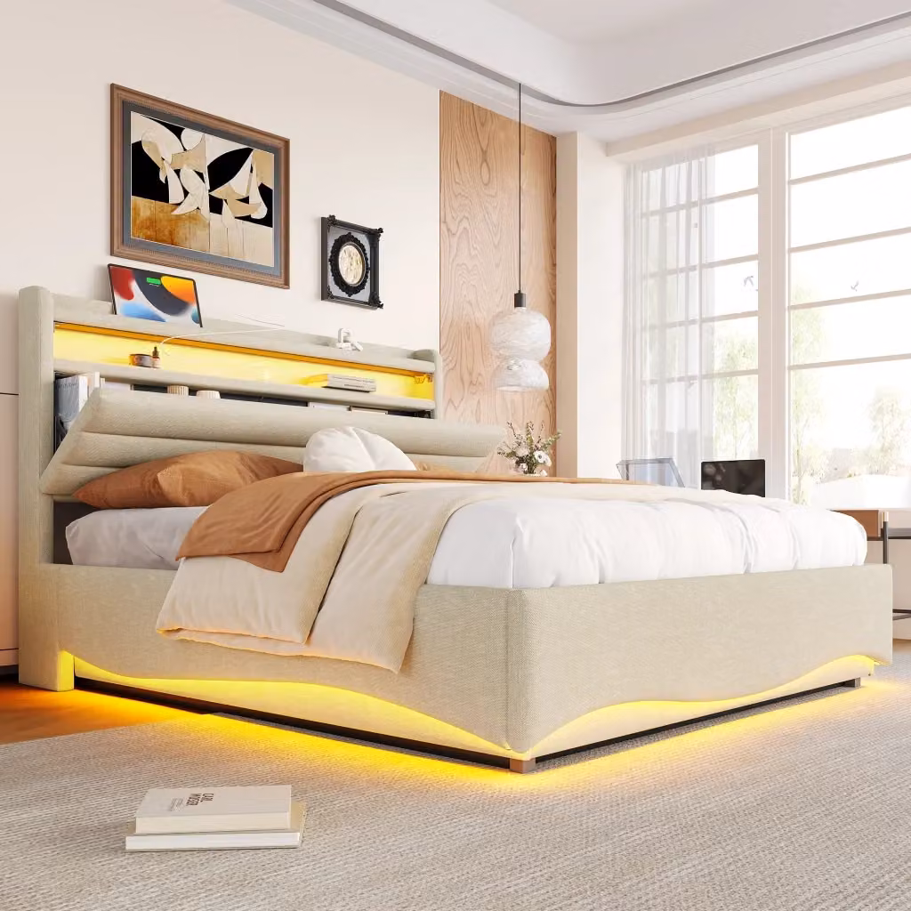 Letto contenitore matrimoniale beige con illuminazione LED, porte USB e Type-C, vano idraulico e ripiano laterale, L/P: 140 x 200 cm – 2