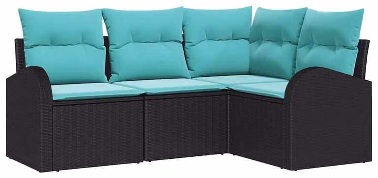Set di divani da giardino, 4 pezzi, in rattan sintetico nero e turchese