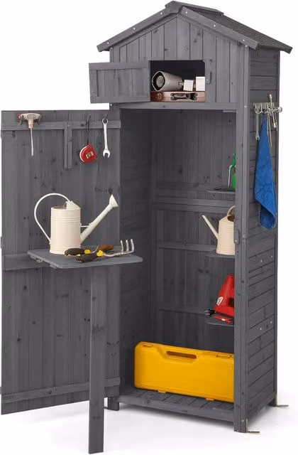 Armadio da Giardino in Legno COSTWAY Grigio con Serratura, Ripiani Rimovibili e Tetto Impermeabile, L/P/H: 180.5 x 75 x 50 cm – 1