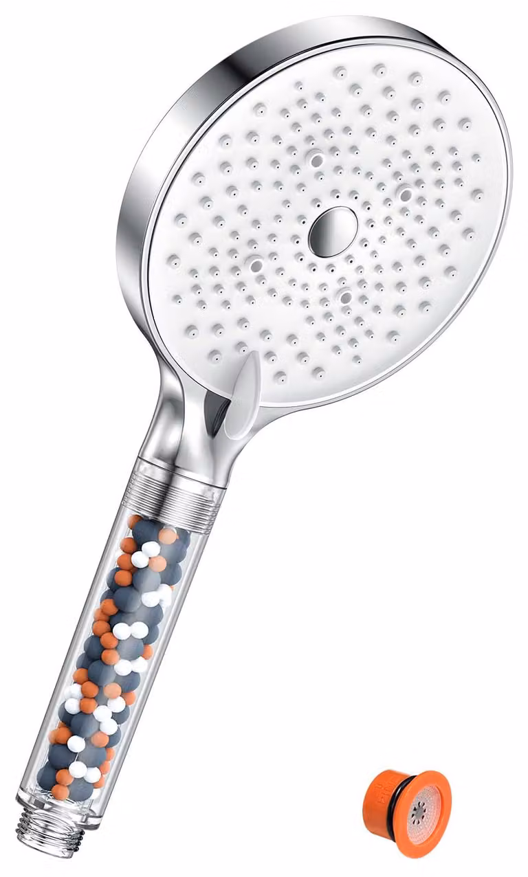 YEAUPE PRO, soffione doccia, a risparmio idrico, anticalcare, di grandi dimensioni (diametro 130 mm), alta pressione con 6 tipi di getto, bianco/cromato