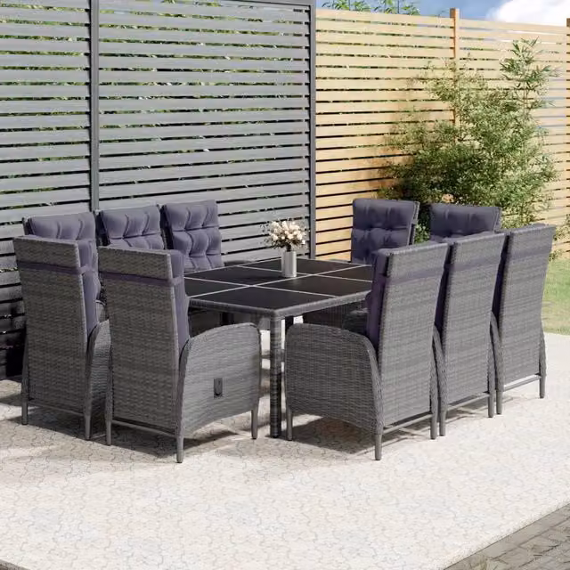 Set Pranzo da Giardino vidaXL in Polyrattan Grigio con Tavolo in Vetro, 11 Pezzi