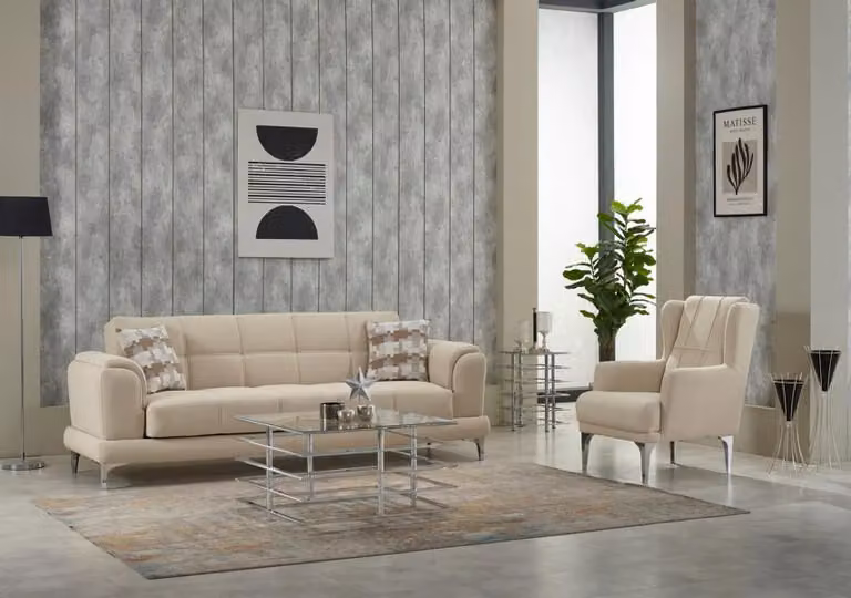 Couch Garnitur Dreisitzer 3 Sitzer Sofa Stoff Sessel Polstersofa Beige