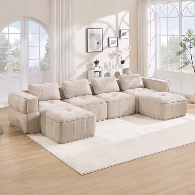 Divano modulare 344x162x67 cm senza telaio antiscivolo in poliestere beige