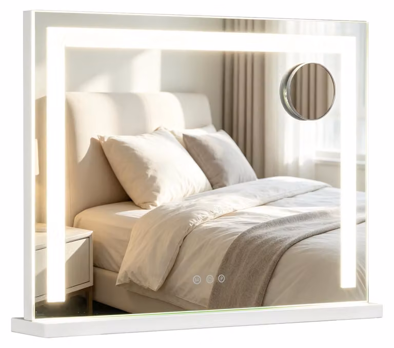 Specchio da trucco illuminato COSTWAY, specchio per il trucco 58x43 cm con 3 tonalità di luce, ingrandimento 10x, base di ricarica e controllo, specchio "Hollywood" con intensità regolabile