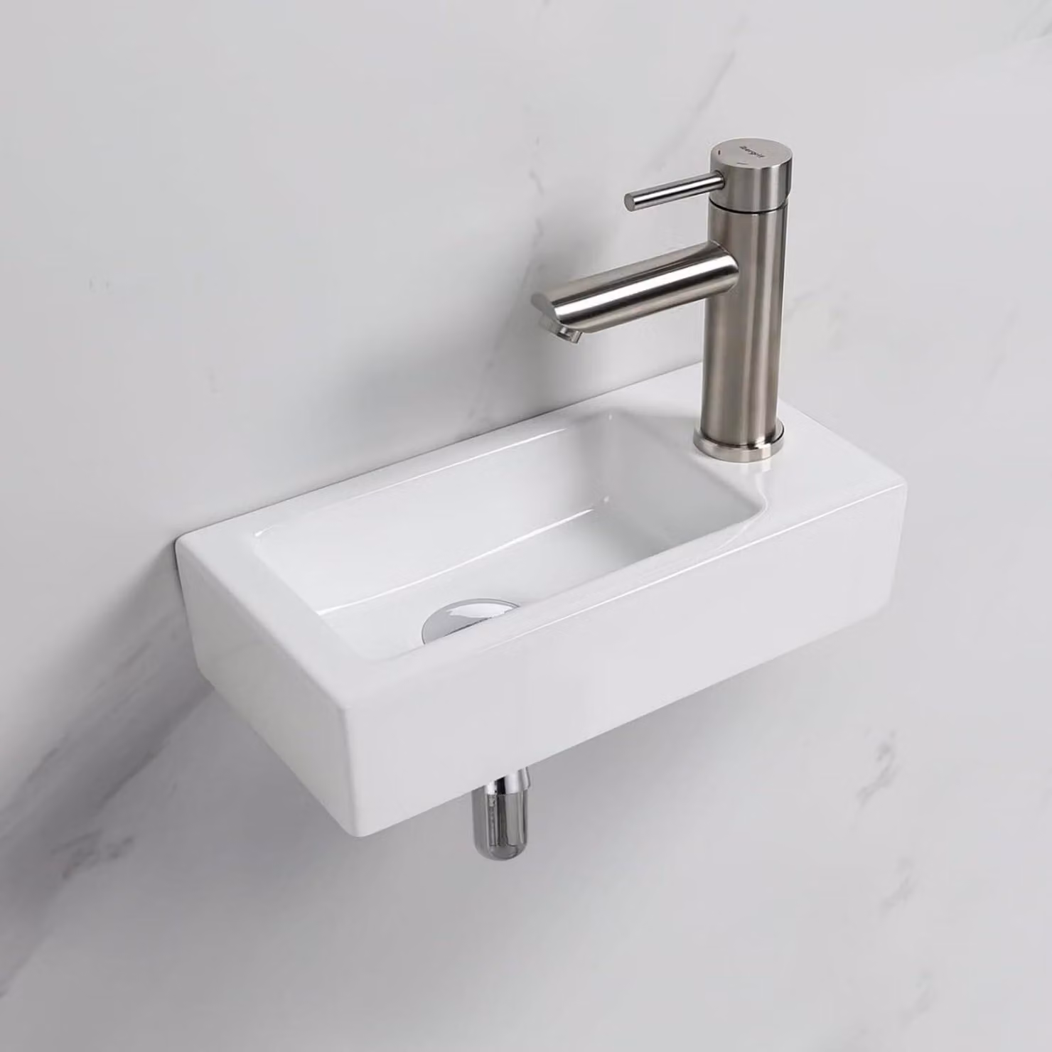 Lavabo sospeso piccolo - Vetroceramica - 376 x 188 x 93 mm - Bianco - Scarico a destra - Per bagno per ospiti