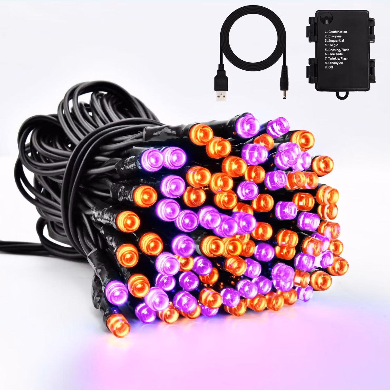 Catena luminosa da 5 metri, con 50 LED, alimentazione tramite USB/batterie, timer, 8 modalità, grado di protezione IP65, colore arancione/lilla