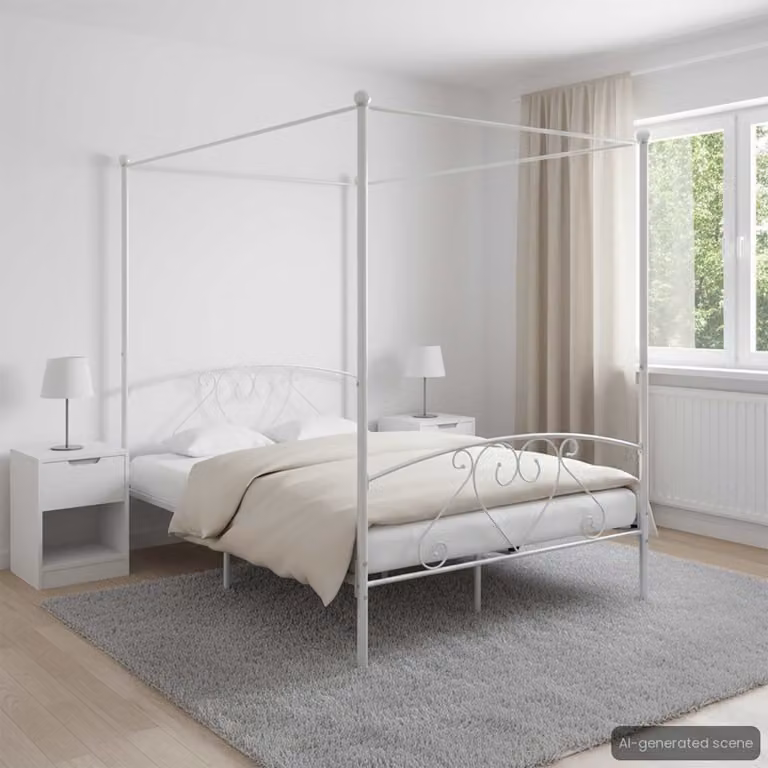 Letto a Baldacchino vidaXL in Metallo Bianco L/P: 160 x 200 cm
