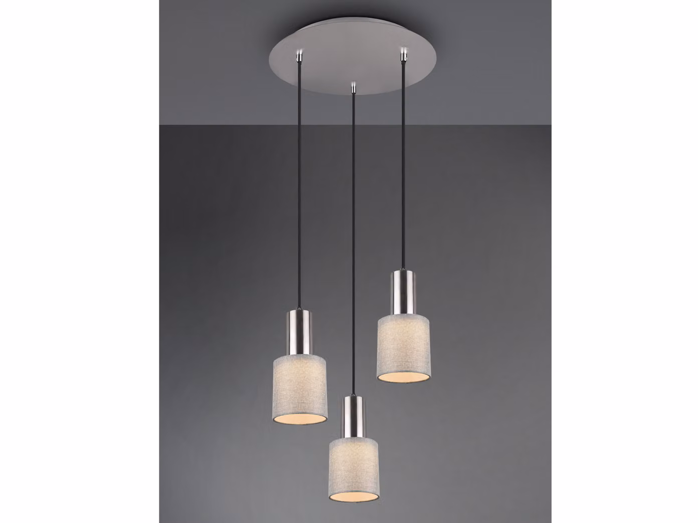 lampada a sospensione a 3 fiamme con paralume in tessuto rotondo grigio illuminazione ottimale tavolo da pranzo