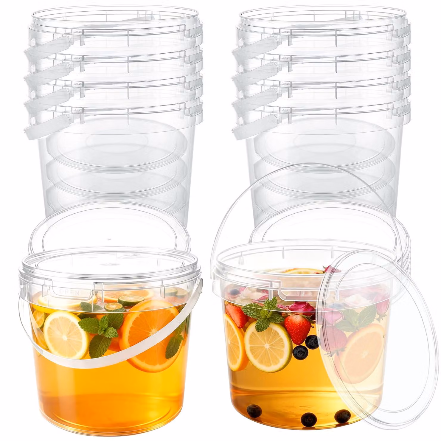 Set di 10 contenitori in plastica, adatti al contatto con gli alimenti, capacità 5 litri, con coperchio, trasparenti